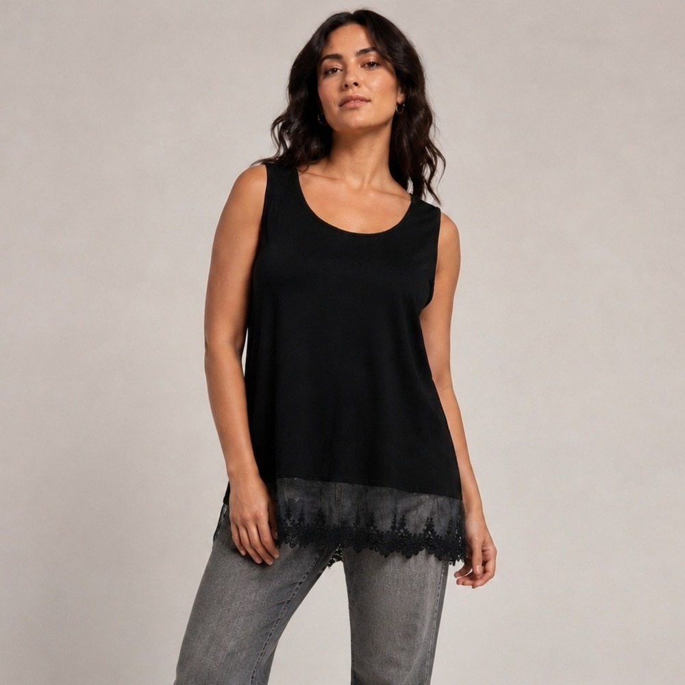 Black Lace Hem Tunic Tank XL Sheer Mesh Cami Extender Whimsigoth Lagenlook Boho